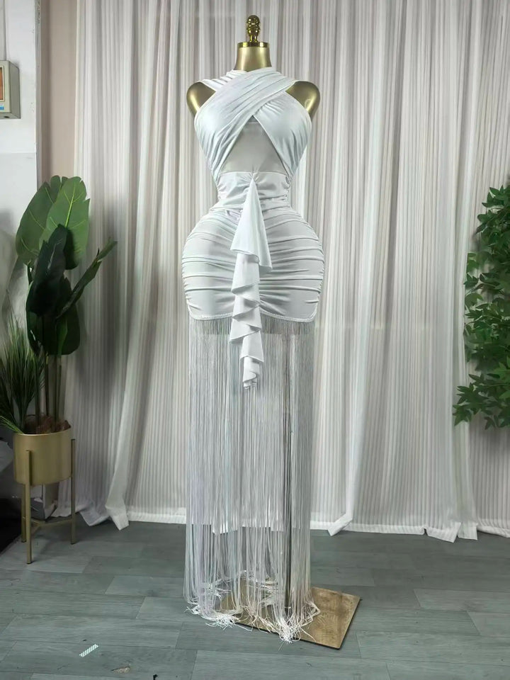 Women Wrap Halter Tassel Patchwork Maxi Dress