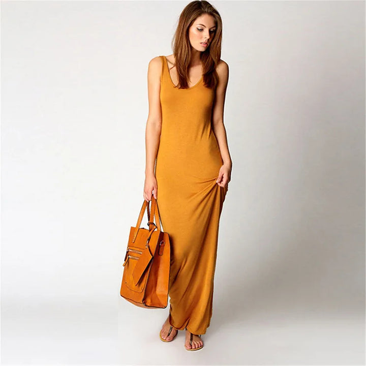 Women Sleeveless Maxi Bodycon Dress Solid Color
