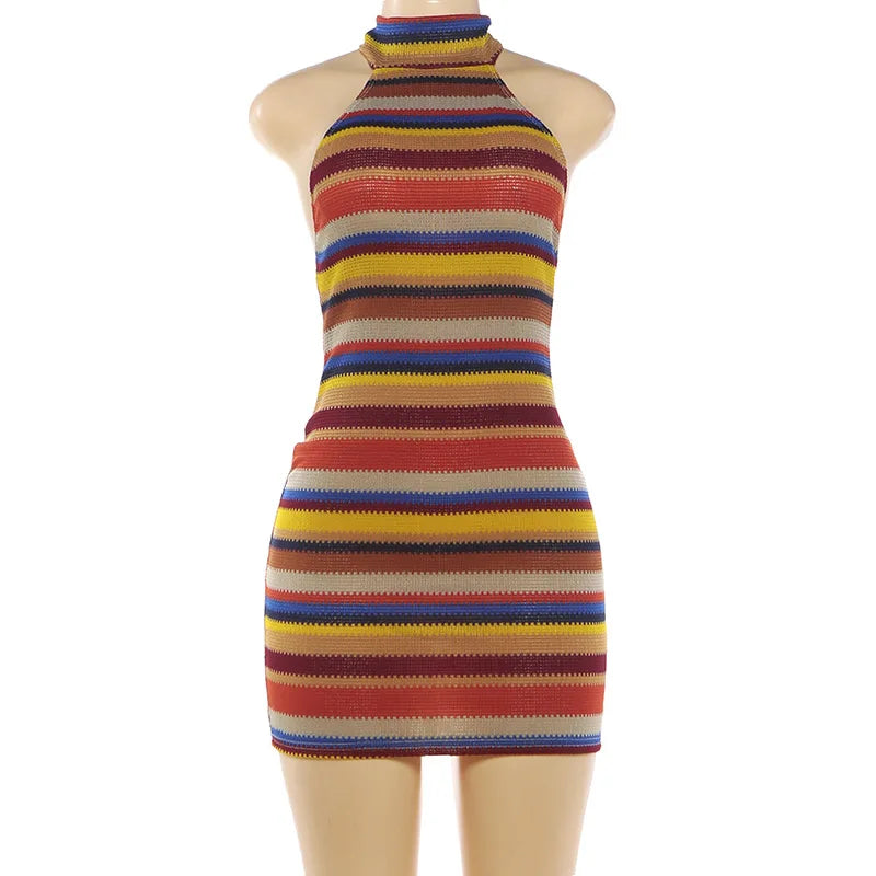 Luxurious Knit Stretch Stripe Halter Dress