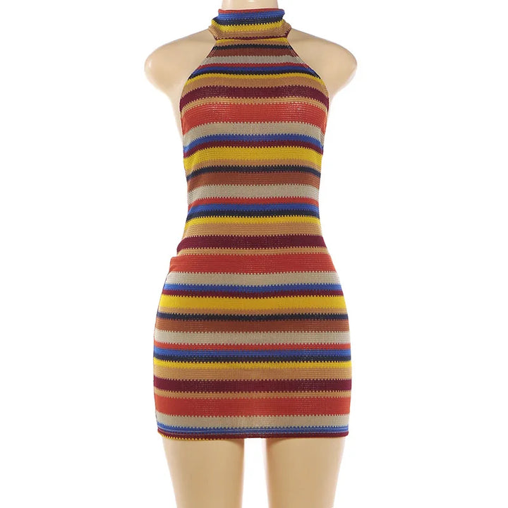 Luxurious Knit Stretch Stripe Halter Dress