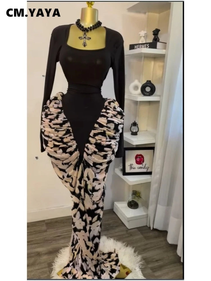 Patchwork Ruched Long Sleeve Bodycon Dress