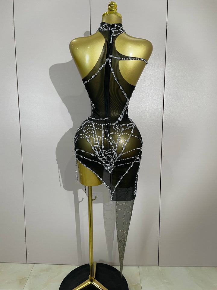 Sparkly Diamond Mesh Asymmetric Bodycon Mini Dress