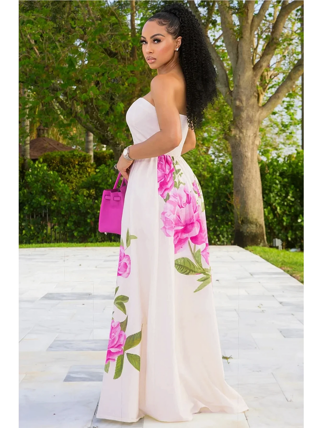 Floral Strapless Maxi Dress For Wedding Guest