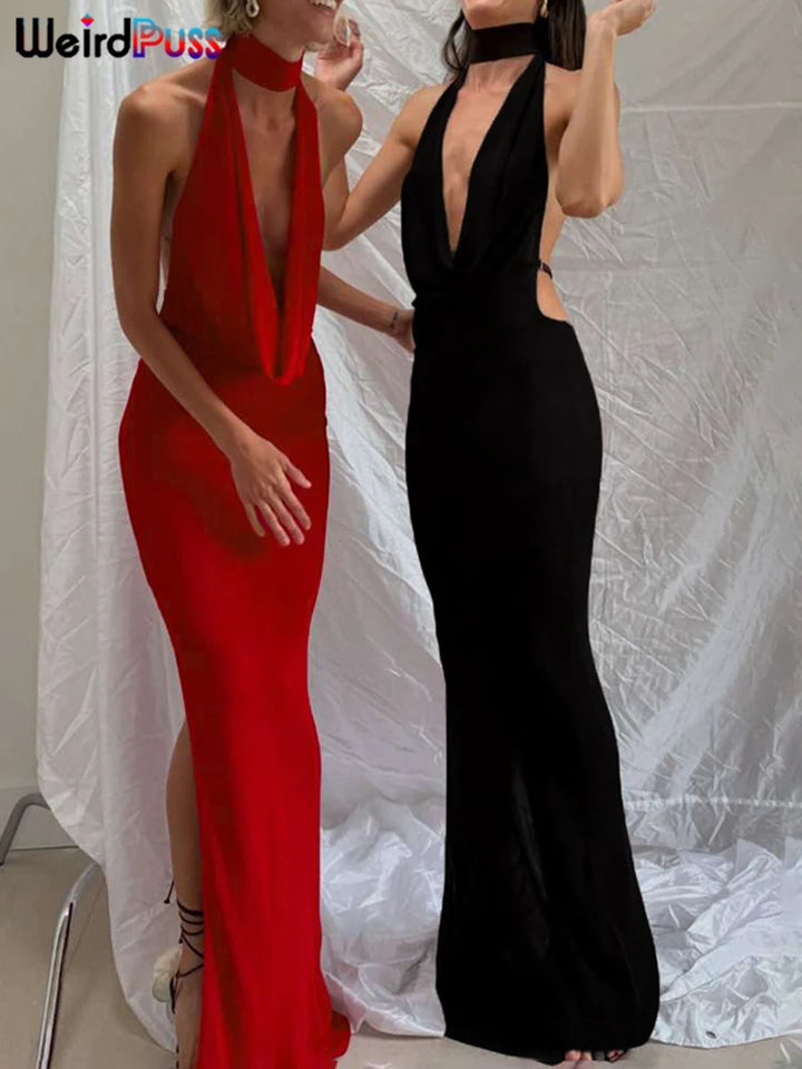 Weird Puss Hollow Halter Backless Bodycon Dress