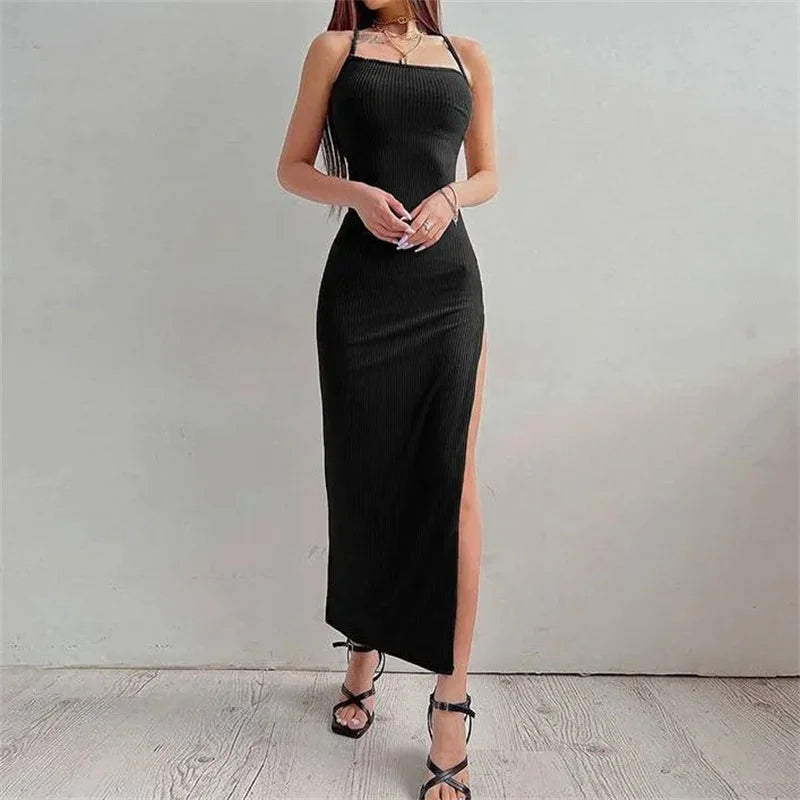 Elegant Black Sleeveless Maxi Dress Halter Neck