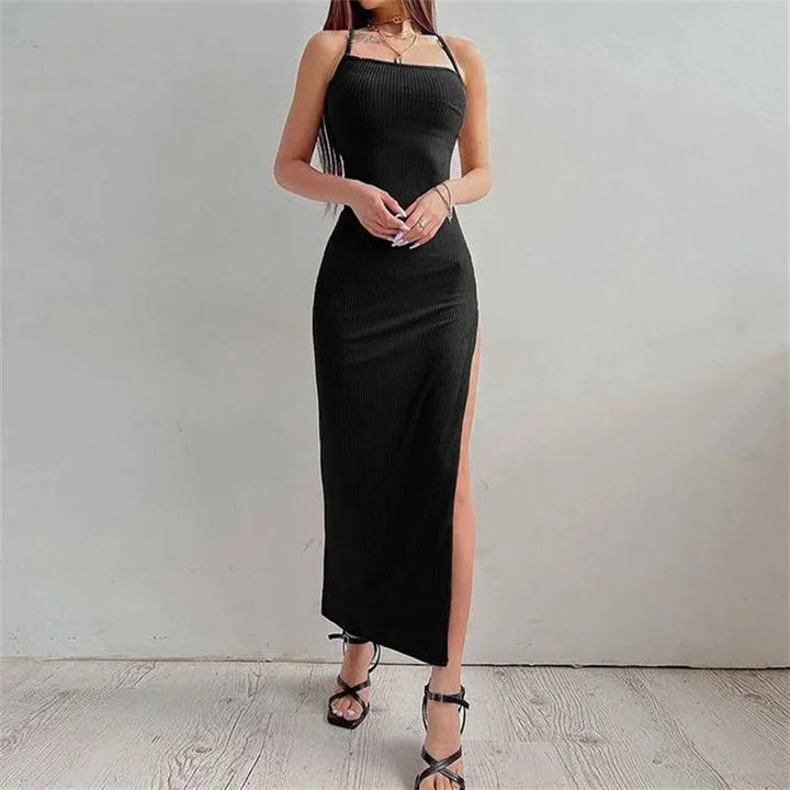Elegant Black Sleeveless Maxi Dress Halter Neck