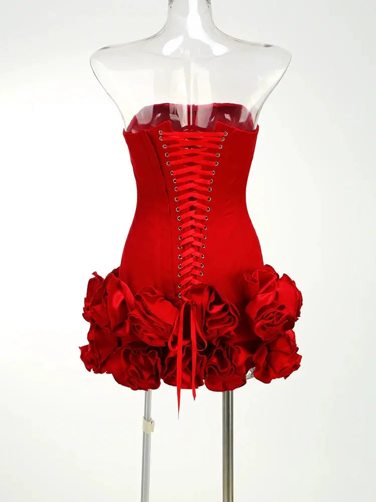 VC Christmas Dress Strapless Backless Red Structured Floral Embellished Mini Length Bodycon Celebrity Party Cocktail Dress