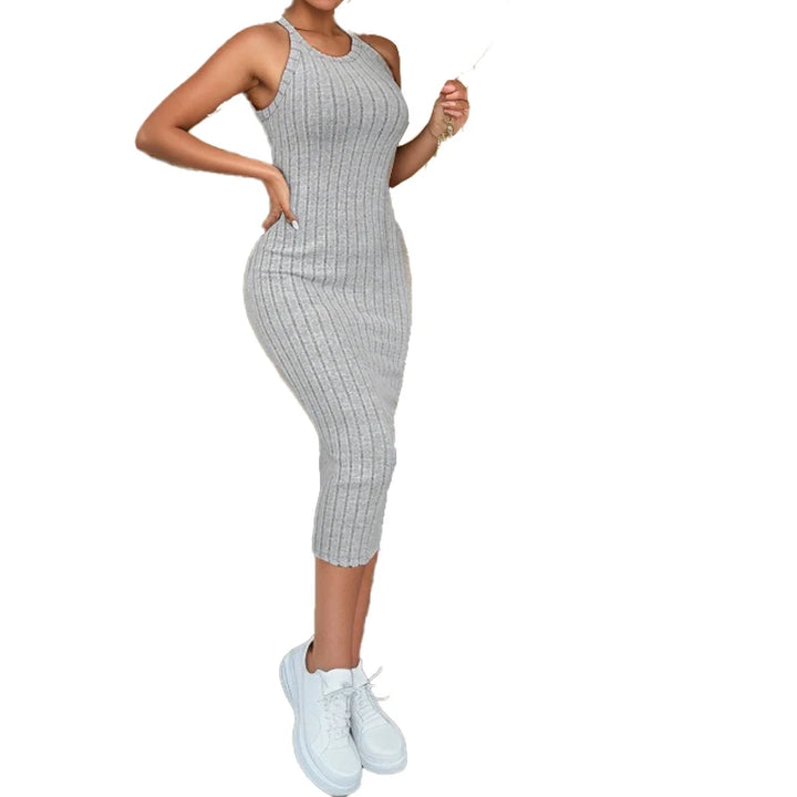 Solid Halter Neck Bodycon Midi Dress High-end temperament vest halter dress women&