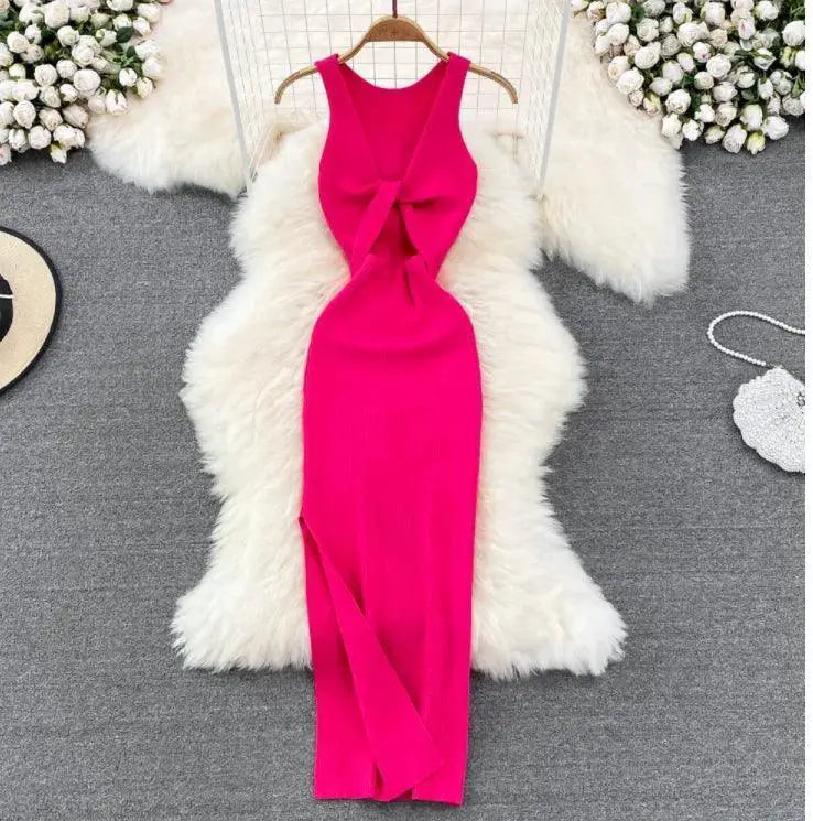 Korean Knitted V Neck Bodycon Dress Chic Hollow Out Style