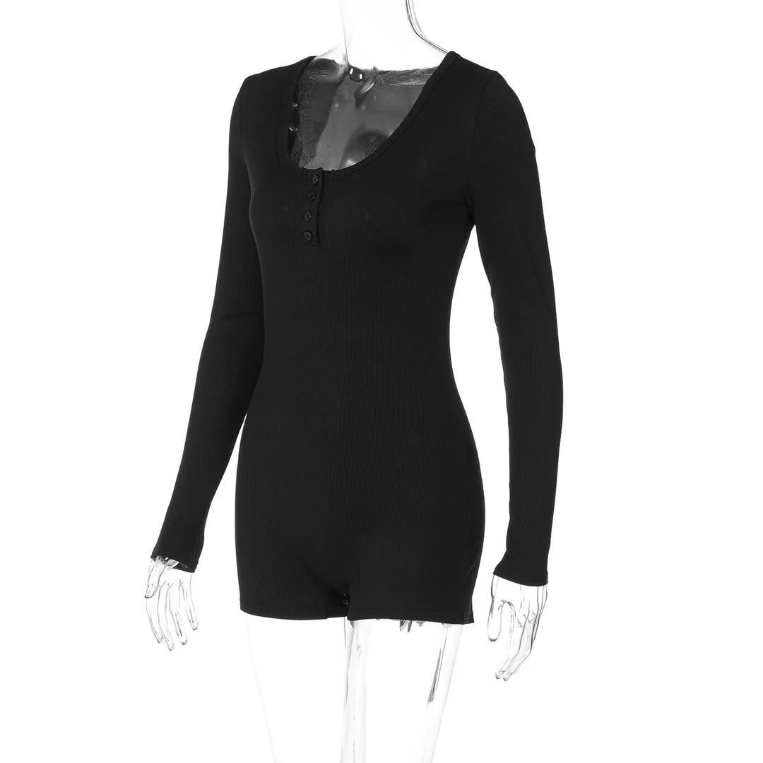 Stylish Ribbed Knit Bodycon Playsuit With Buttons