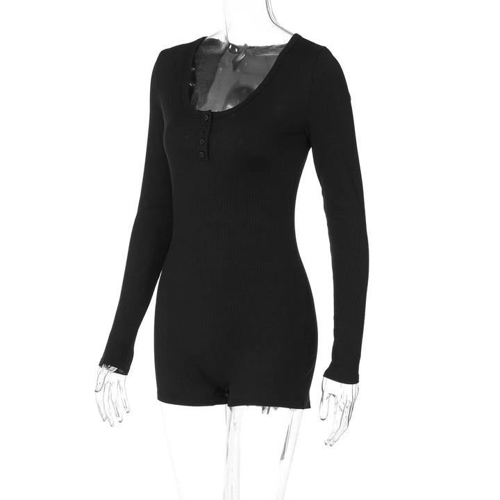 Stylish Ribbed Knit Bodycon Playsuit With Buttons