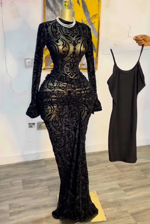 CM.YAYA Fall Long Sleeve See Through Lined Dress