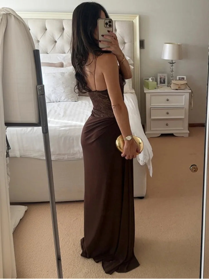 Elegant One Shoulder Lace See Through Sexy Maxi Dress