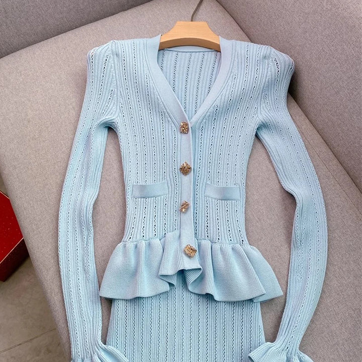 YuooMuoo Knit Maxi Dress V Neck Ruffles Slim Waist