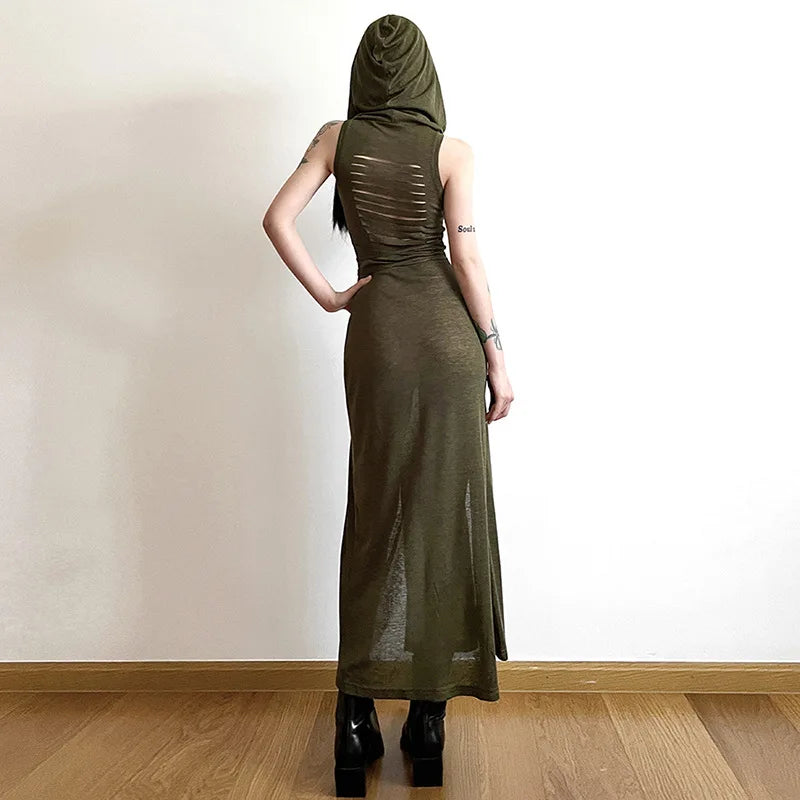Sexy Sleeveless Hooded Long Split Dress For Summer