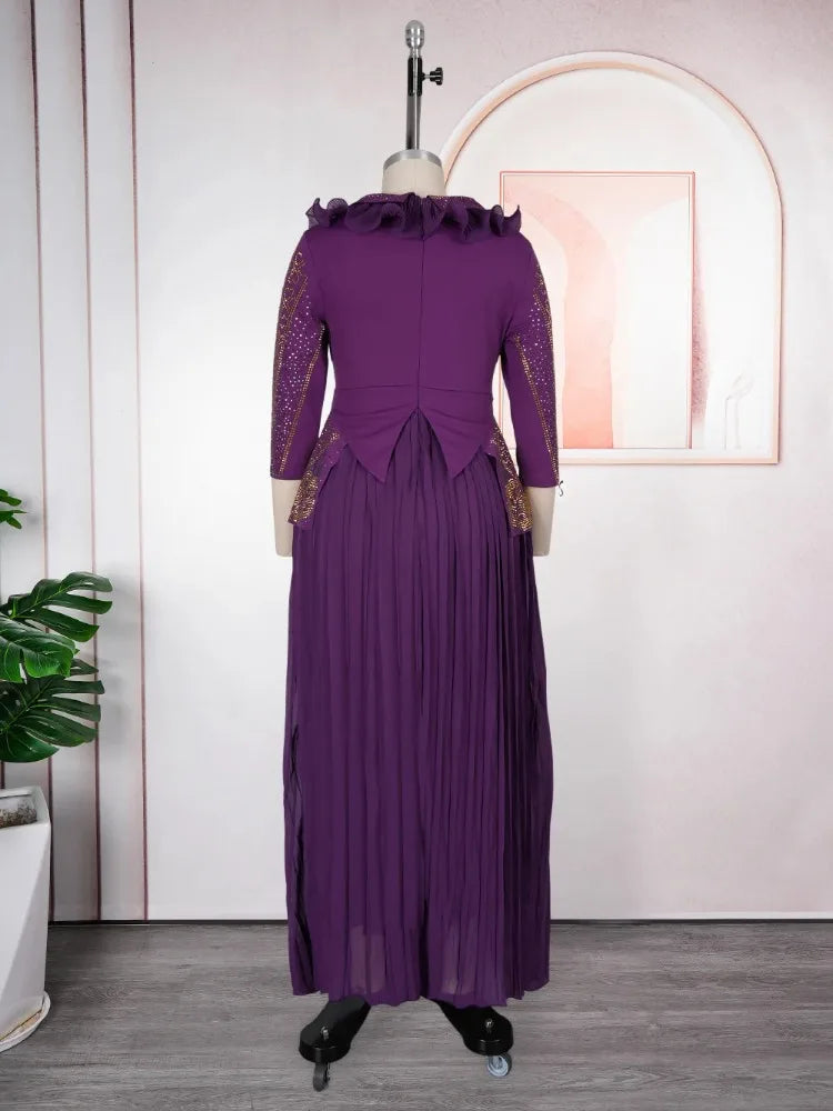 Elegant Diamond Embroidered V Neck Maxi Dress For
