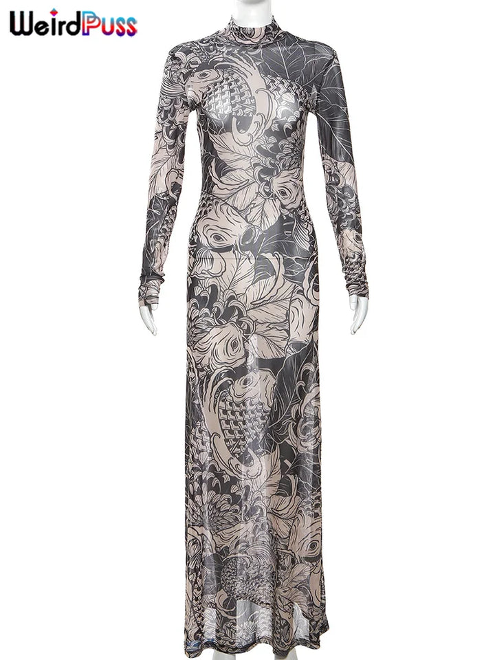Weird Puss Mesh Print Maxi Dress Turtleneck