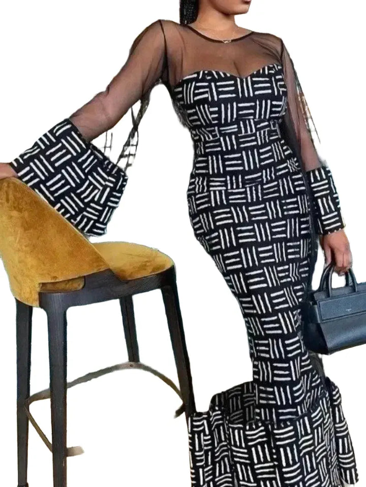 Mesh Flare Sleeve Dress and Bodycon Suit Set Ensemble