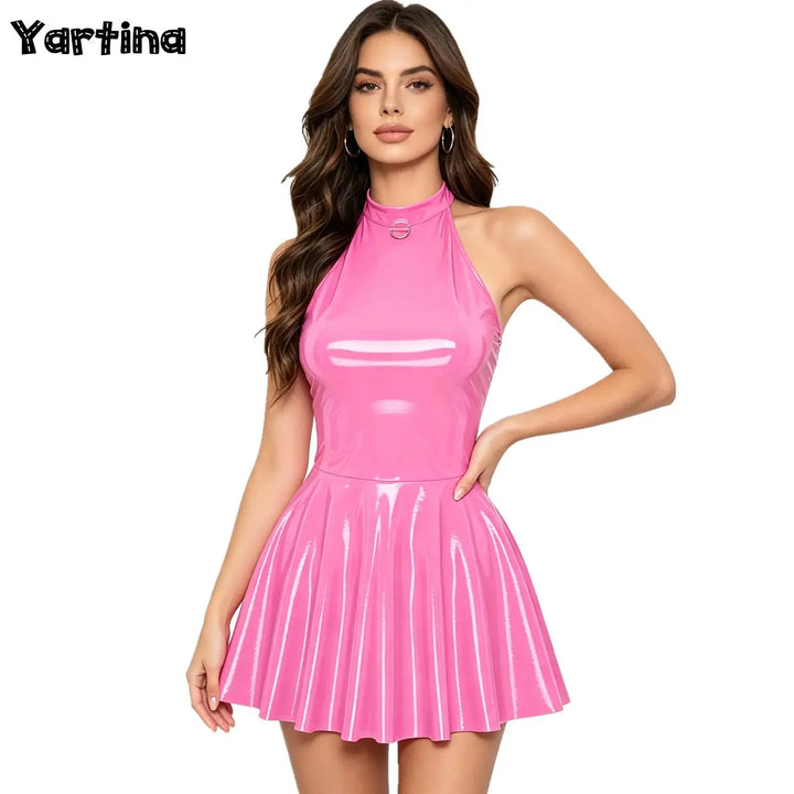 Glossy Patent Leather Mini Dress Disco Clubwear