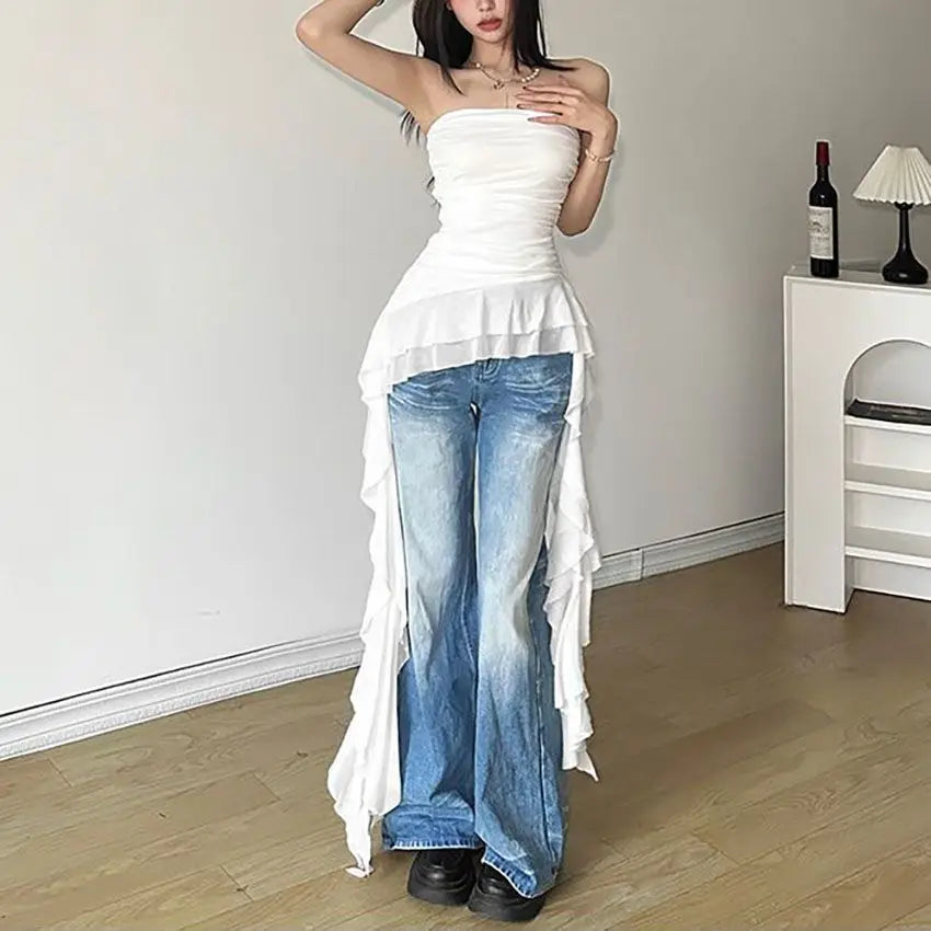 Sexy Off Shoulder New Tank Tops Fashion Women Spring Summer Sleeveless High Street Chest Warp Crop Top Casual Tassel Y2K Tees