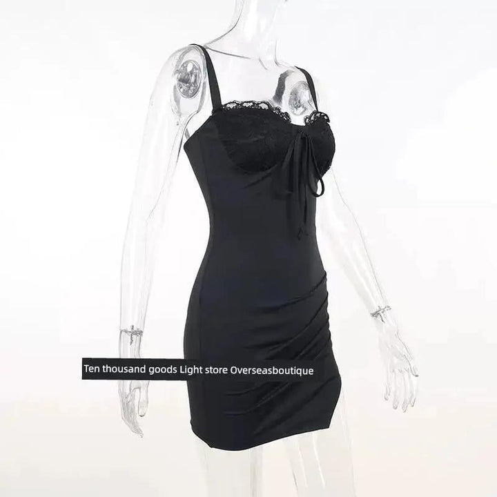 Split Spy Girl Strap Dress V Neck Lace Trim Slim Fit Slit - OurLum.com