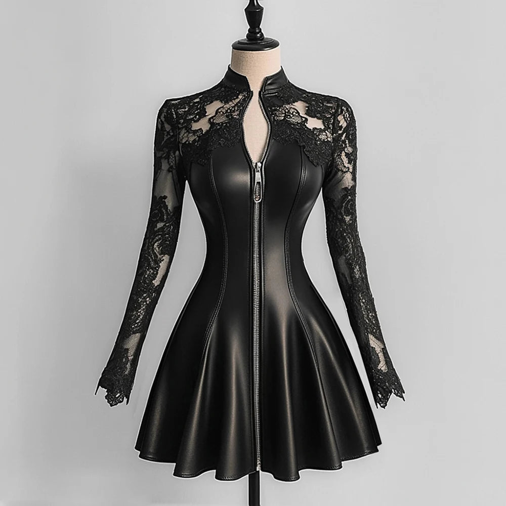 Women PU Leather Dress Lace Patchwork Mesh Zipper