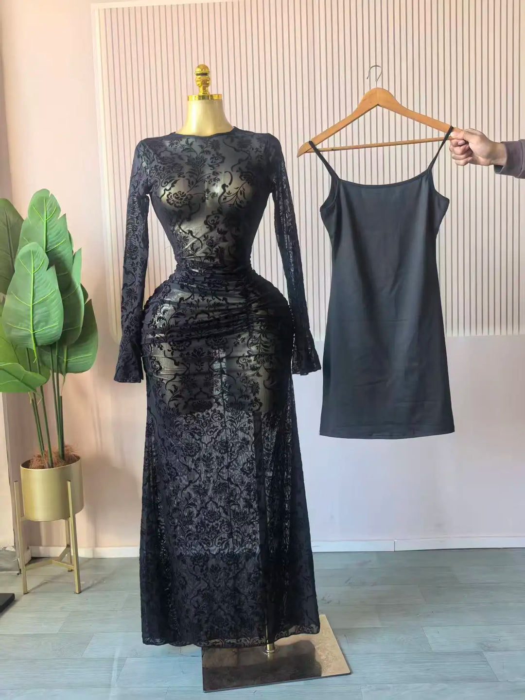 Elegant Sheer Mesh Evening Gown Long Sleeve Formal