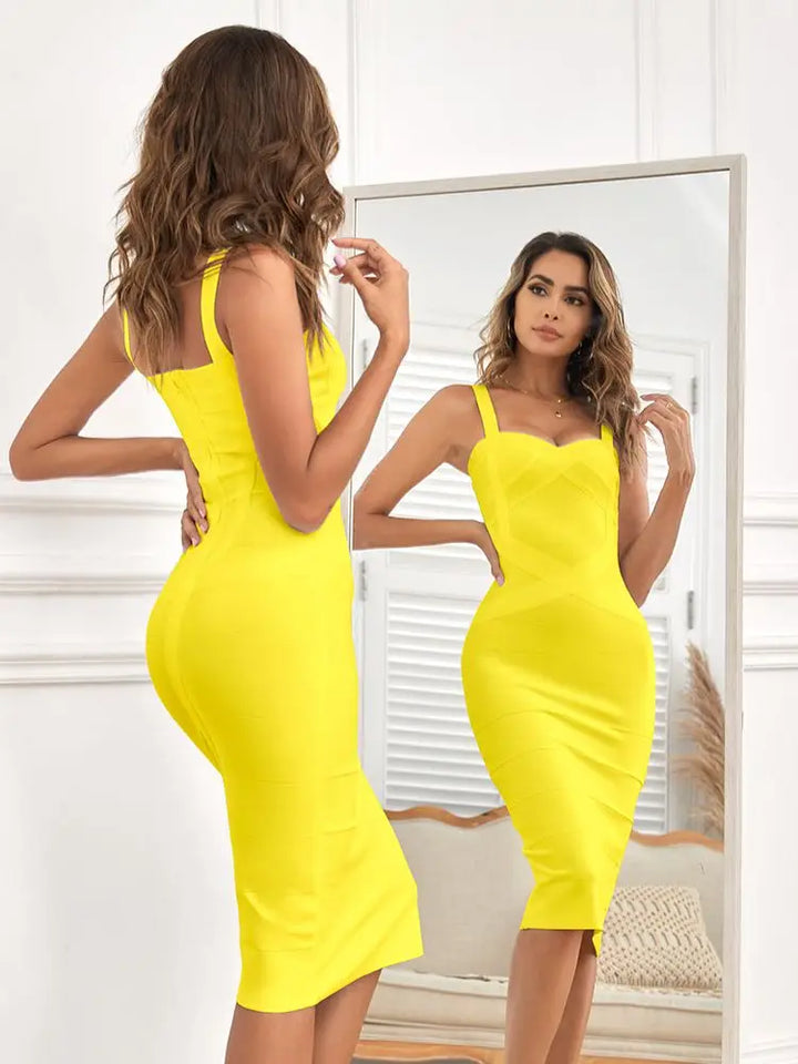 Beaukey Vintage Bandage Midi Dress Yellow Bodycon