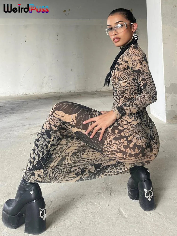 Weird Puss Mesh Print Maxi Dress Turtleneck