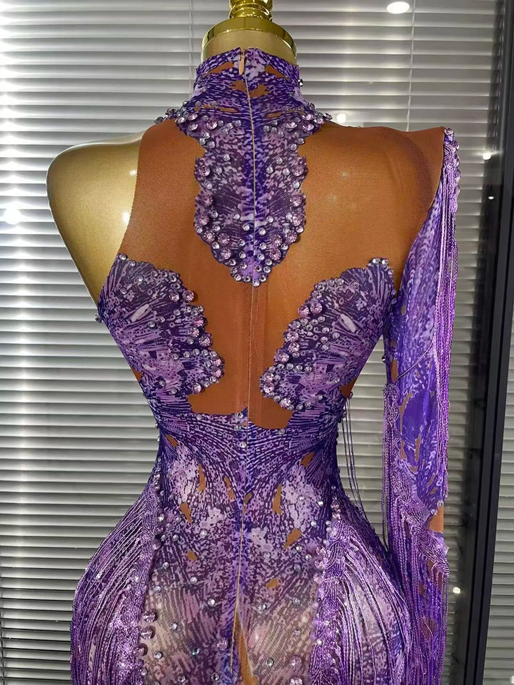 Elegant Purple Rhinestone Mesh High Waist Jumpsuit