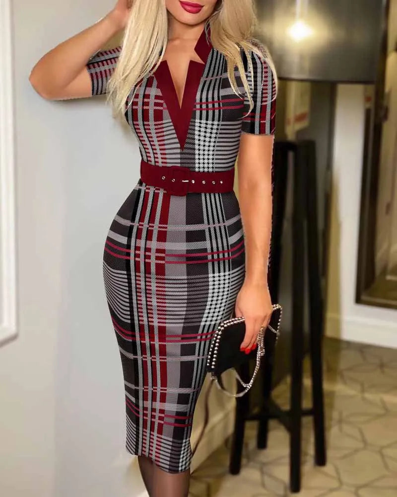 Geometric Pattern V Neck Midi Dress Belt
