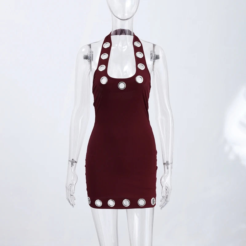 Chin Sweety Metal Ring Halter Mini Dress