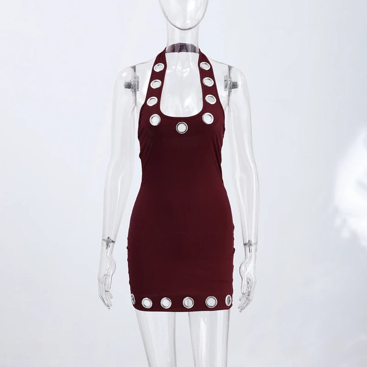 Chin Sweety Metal Ring Halter Mini Dress