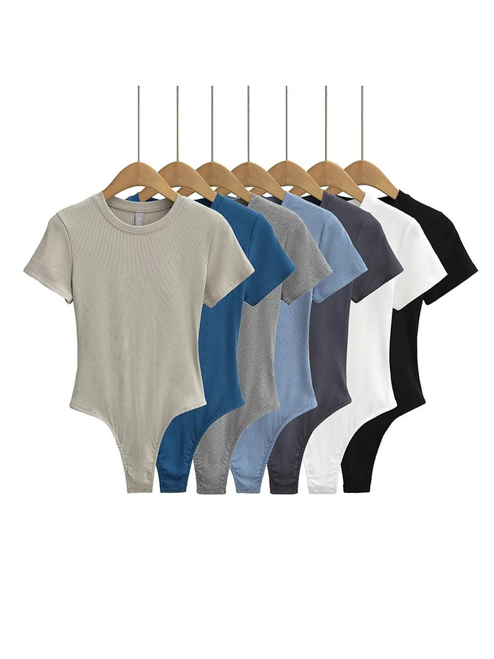 Women Summer Short Sleeve O-neck Slim Fit Knit Bodysuit