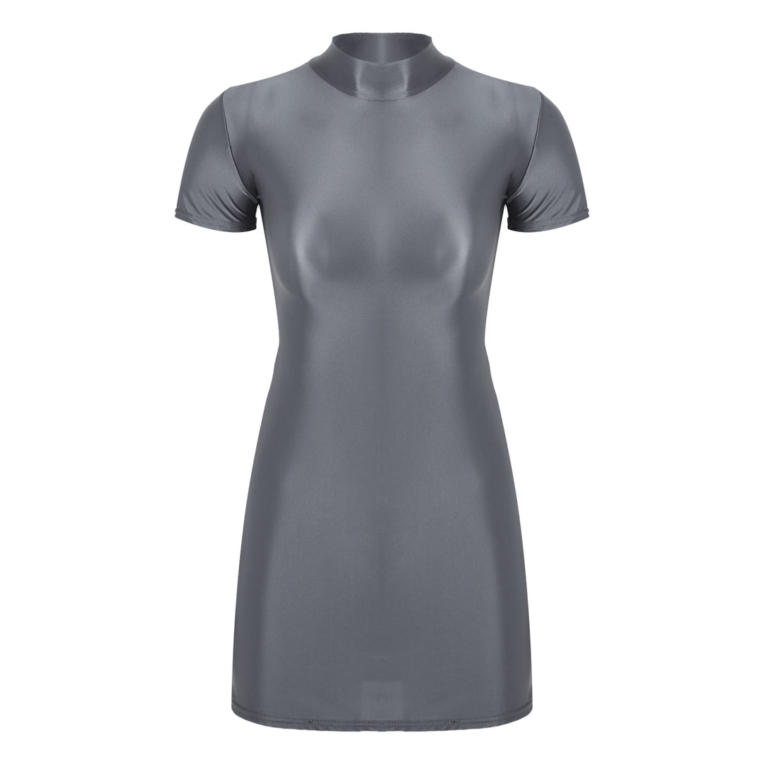 Signature Glossy Mock Neck Mini Dress For Tropical