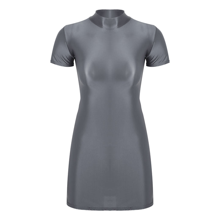 Signature Glossy Mock Neck Mini Dress For Tropical
