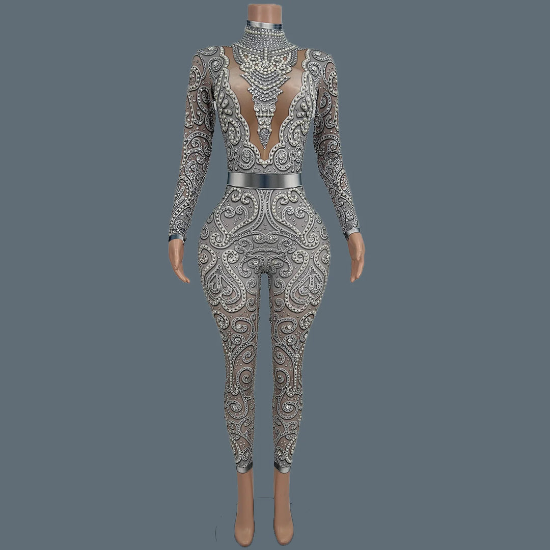 Women Sparkly Rhinestone Pearls Spandex Jumpsuit Nightclub Party Stage Performance Bodycon Wear Sexy Printing Jumpsuit Quanquan