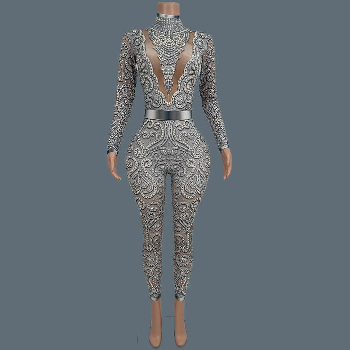 Women Sparkly Rhinestone Pearls Spandex Jumpsuit Nightclub Party Stage Performance Bodycon Wear Sexy Printing Jumpsuit Quanquan