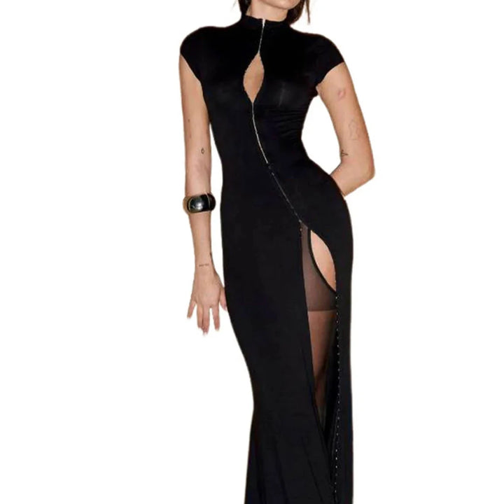 Black High Slit Dress Zipper Half Turtleneck Slim Hip Wrapped