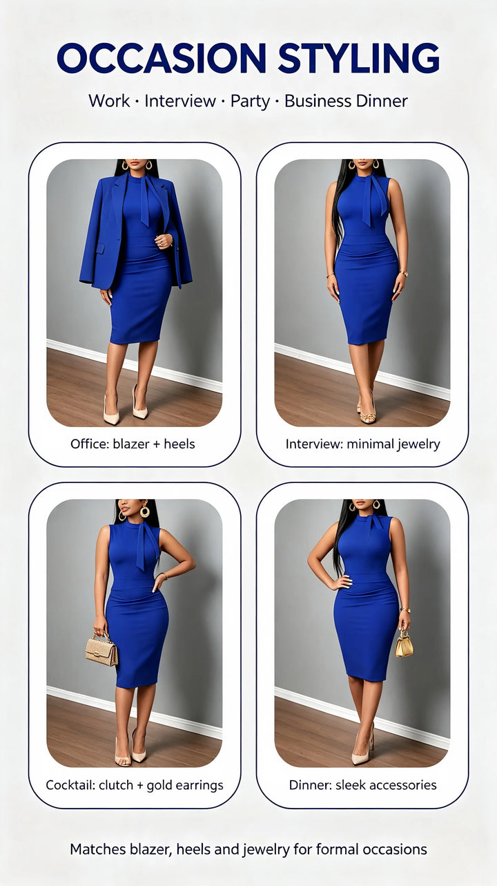 Luxury Stand Collar Midi Dress For Work Or Party