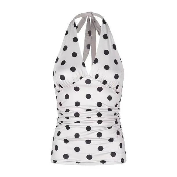 Summer Women Sexy Polka Dot V Neck Halter Cami Top Backless Slim Waist French Style Spicy Trendy Sleeveless Vest Fashion Outwear
