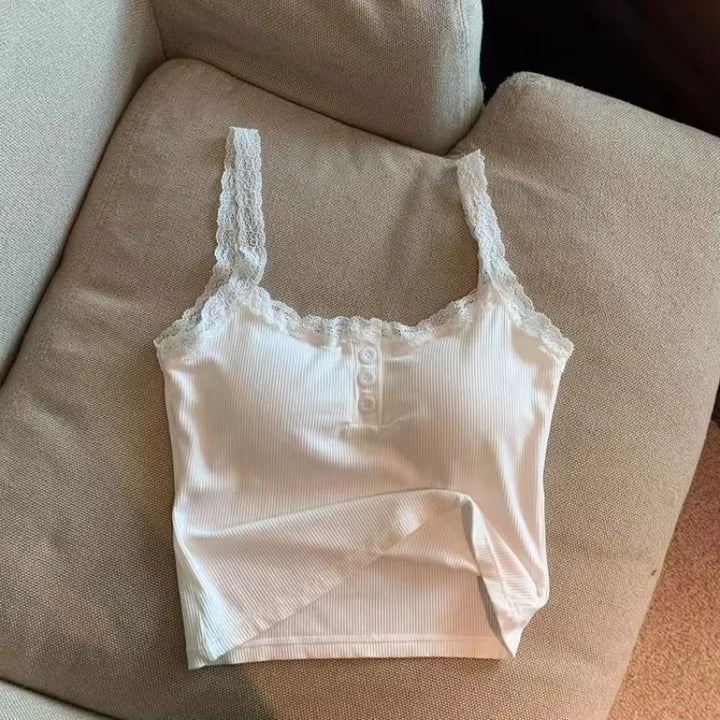Sexy White Knit Camisole Lace Tank Top Cropped Vest Women&