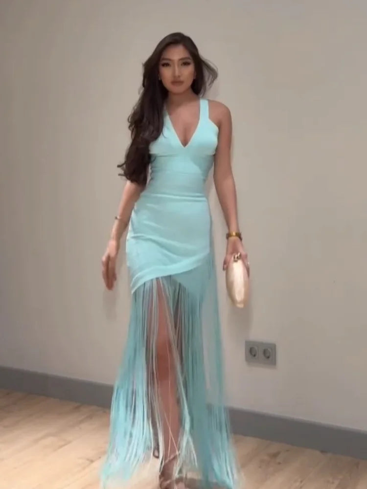 Elegant V-neck Wide Strap Maxi Dress With Chic Tassel Details