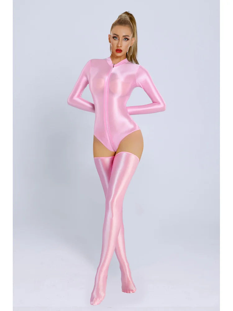 Glossy Long Sleeve Swim Bodysuit Zipper Tights