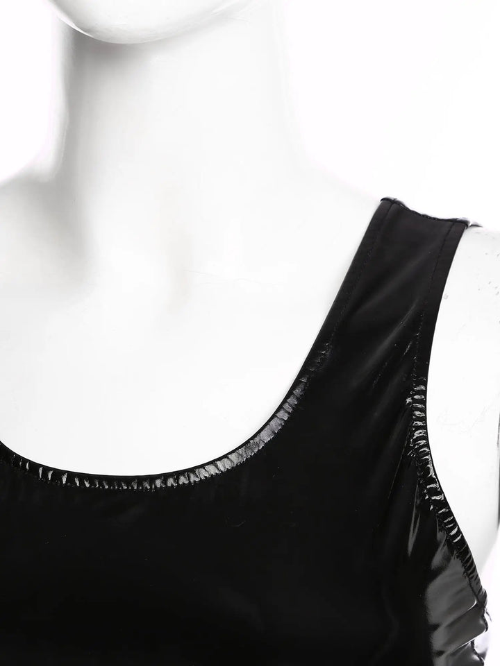 Sexy Women Wetlook Leather Tank Bodycon Dress Latex Sleeveless Mini Dresses Clubwear with Metal Clips Party Club Clothes Femme