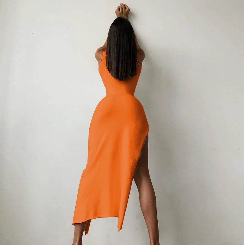 Y2K Orange Sleeveless Midi Dress With Side Slit