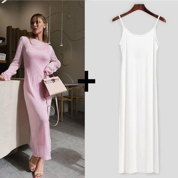 Elegant Elastic Knit Long Dress For Women Soft Chic O-Neck Sweater