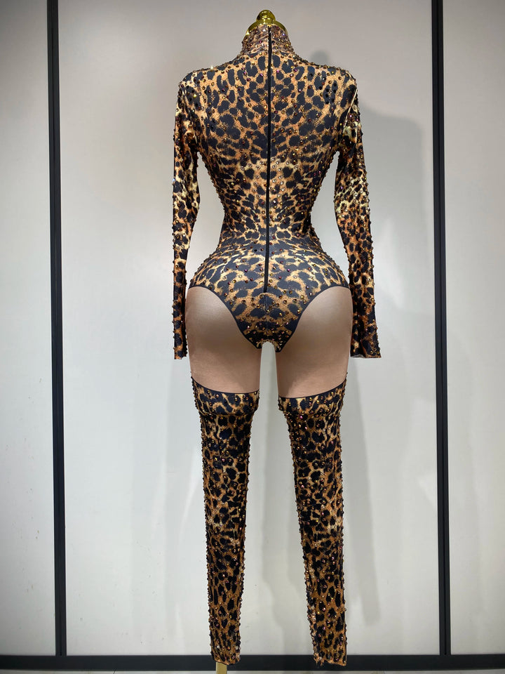 Leopard Print Bodycon Jumpsuit for Nightclub Stage