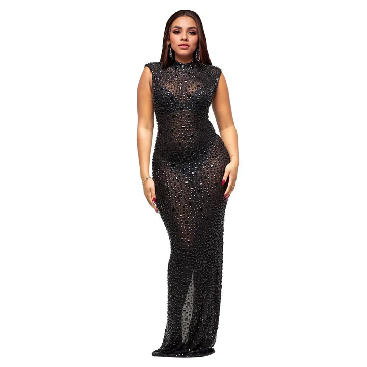 Diamonds Rhinestones O Neck Sleeveless Maxi Dress