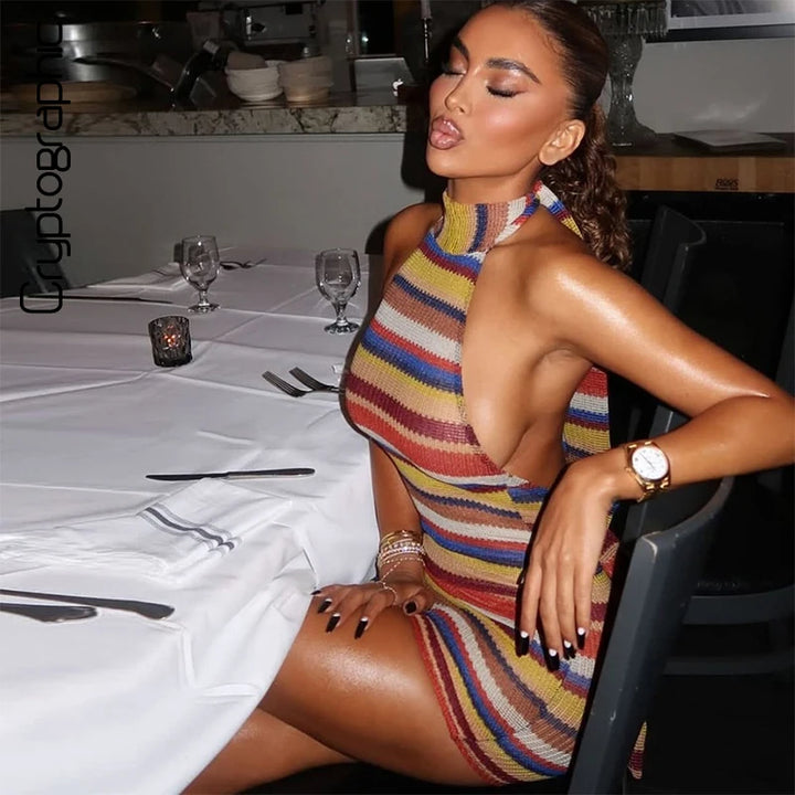 Cryptographic Halter Mini Dress Backless Colorful
